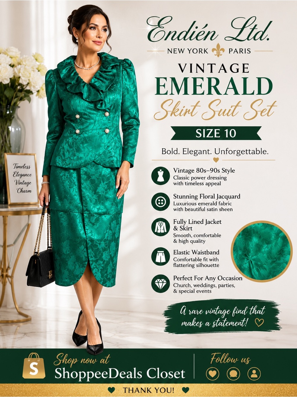 Vintage Endién Ltd. New York Paris Emerald Green Jacquard Skirt Suit Set